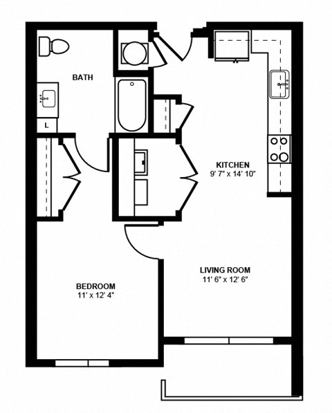 Floor plan for 1 bed, 1 bath, 648 sqft